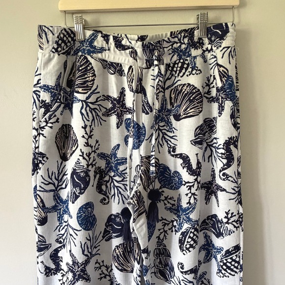 Belle Beach by Kim Gravel Pants - Belle Beach Kim Gravel Nautical Shell Starfish Print Wide Leg Tassel Pants Med